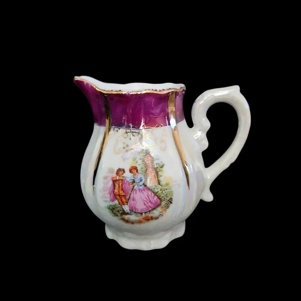 Vintage 13 Pc Japanese Lusterware Tea Set Purple Trim Courting Scene Porcelain